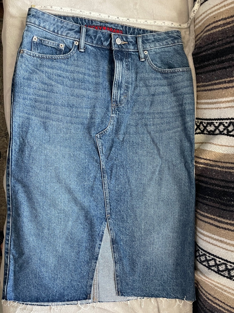 Lucky Brand Women's Blue Denim Skirt with Red Logo Detail